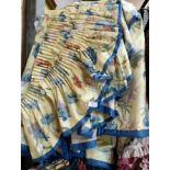 Lemon blue floral silk curtains, two pairs and accessories