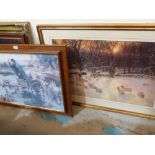 A framed print after Farquarson snow scene and a framed print after Alfred Strutt, 'In a Fix'