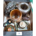 Two copper moulds, an oak mug, leather ring box and other items