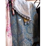 Two pairs of blue green damask curtains and accessories