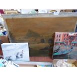 Three unframed oils, Venetian canal scene 12'x12' a snow scene 'Albanians on the Move 8'x10', and