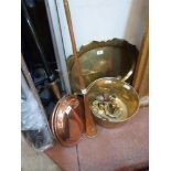 A brass preserving pan, copper warming pan and coaching horn, brass tray