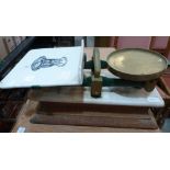 A set of Victorian weighing scales on oak and marble base 18' wide