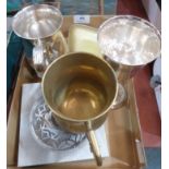 A Reed and Barton plated and enamel dish, a silver topped pepperette, plated goblet, two mugs and