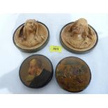 Two early 19th century papier-mache pictoral snuffleboxes and a pair of 19th century continental