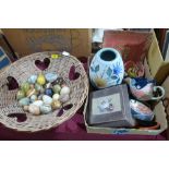 A basket of hardstone eggs and a box of sundries