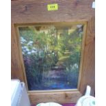 A pine framed oleograph, garden scene