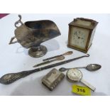 A French brass carriage timepiece, a plated stamp case and other objects