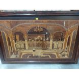 An Indian marquetry panel depicting an interior with figures, inlaid with various woods, bone and