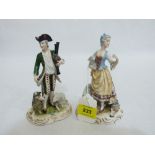 A pair of Meissen style groups, piper and shepherdess companion. Crossed swords mark in underglaze