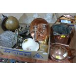 A quantity of wood and metalware, the lot to include a Victorian copper bottle and a copper pail