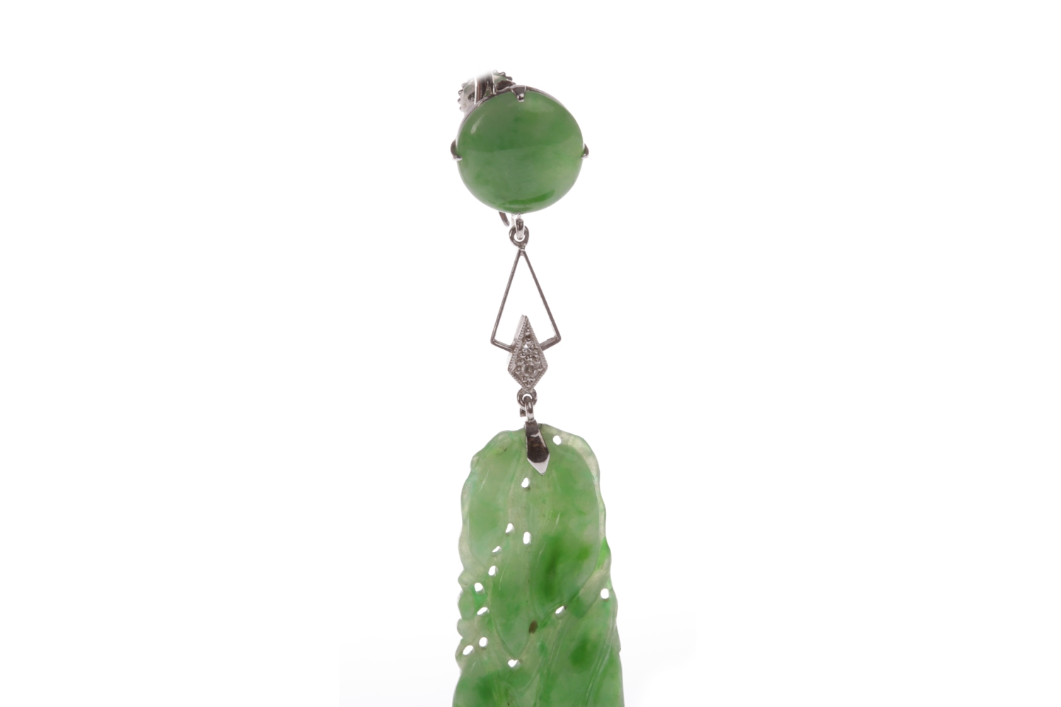 PAIR OF ART DECO EIGHTEEN CARAT WHITE GOLD JADE AND DIAMOND DROP EARRINGS each with a section of