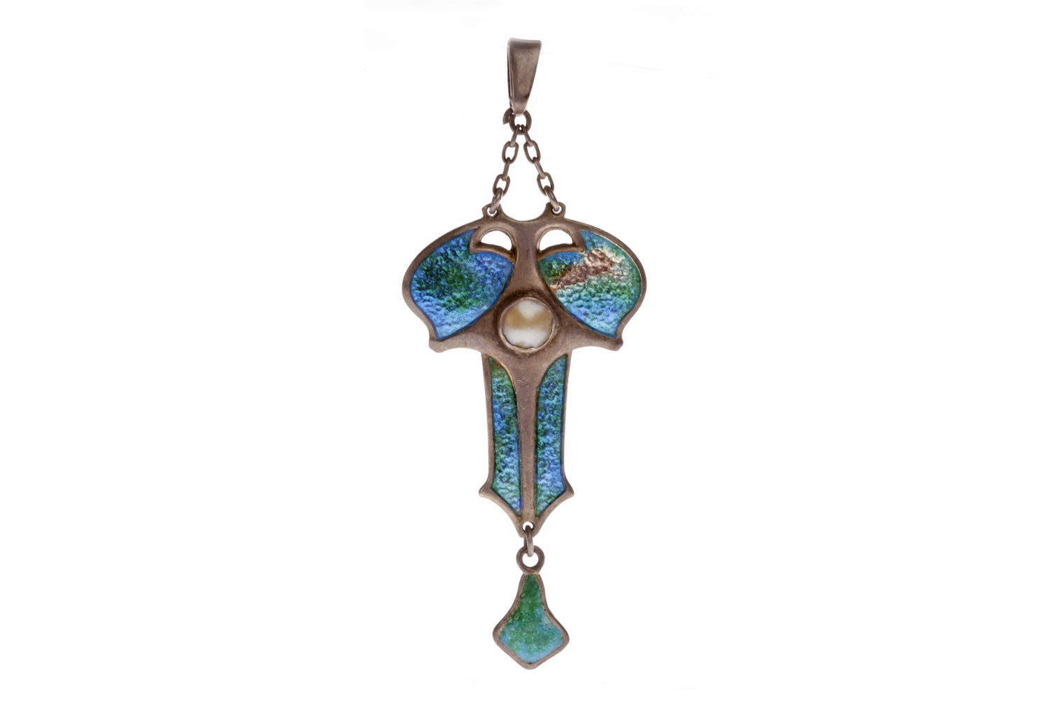 CHARLES HORNER ART NOUVEAU SILVER ENAMELLED PENDANT pierced and with sections of green to blue