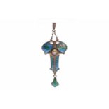 CHARLES HORNER ART NOUVEAU SILVER ENAMELLED PENDANT pierced and with sections of green to blue