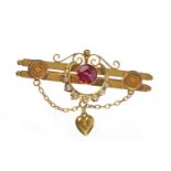 VICTORIAN NINE CARAT GOLD PASTE AND PEARL SET BAR BROOCH formed by two bars with linking roundels