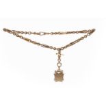 NINE CARAT GOLD ALBERT CHAIN with shield motif appendage and nine carat gold T-Bar,