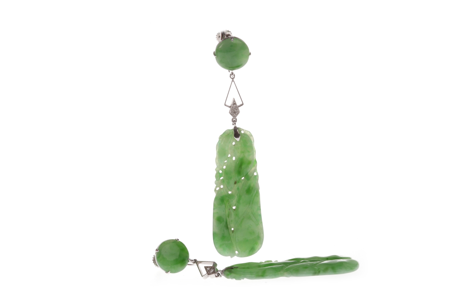 PAIR OF ART DECO EIGHTEEN CARAT WHITE GOLD JADE AND DIAMOND DROP EARRINGS each with a section of - Image 2 of 2