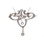 EDWARDIAN DIAMOND SET BROOCH PENDANT ON CHAIN openwork,