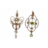 ART NOUVEAU PERIDOT AND PEARL PENDANT openwork and set with a single round peridot above a moulded