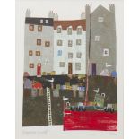 * MARGARETANN BENNETT RSW, NETMENDERS ROW WITH RED TRAWLER collage on paper,