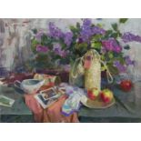 SERGEI KOVALENKO, STILL LIFE WITH FRUIT AND FLOWERS oil on canvas, signed, further signed,