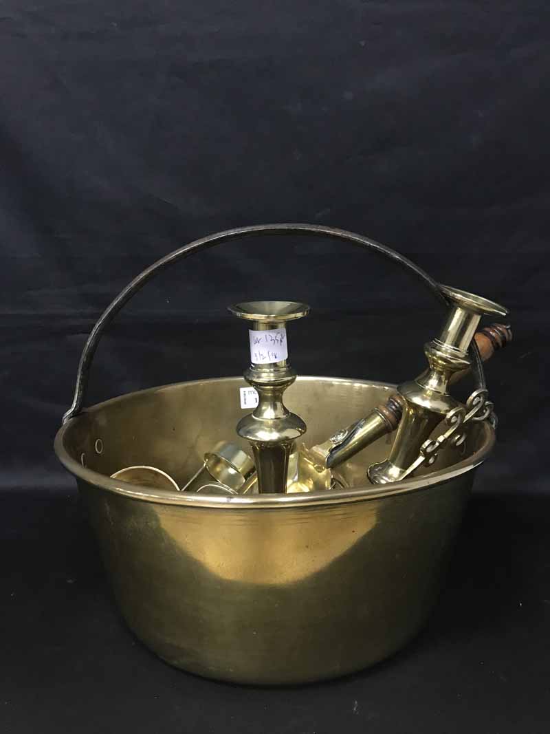 LOT OF BRASS AND PEWTER WARE including preserve pan, candlesticks, shovel, tankards etc.