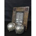 PAIR OF INDIAN SILVER INCENSE BURNERS along with a 19th century Asian clothing plaque,