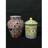 FOUR LIDDED CHINESE MUGS together with a lidded jar