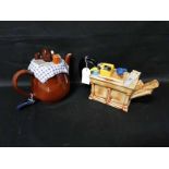 SIX NOVELTY TEAPOTS including a mad hatter example