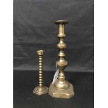 LOT OF BRASS WARES including two pairs of candlesticks, an oil lamp,