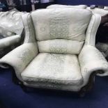 GREEN UPHOLSTERED TWO SEATER SETTEE along with matching wing back armchair