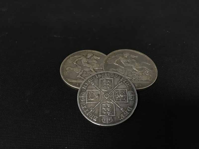 TWO VICTORIA CROWNS 1891 and 1892, and a Victorian four shilling,