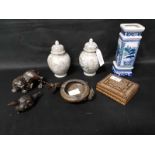 EASTERN INLAID BOX along with other Asian wares comprising a bronze dog, lobster, ashtray,