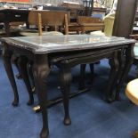 MAHOGANY NEST OF TABLES TOGETHER WITH TWO SIDE TABLES