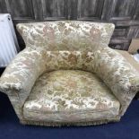 LATE VICTORIAN UPHOLSTERED CHAIR ON CASTORS