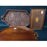 THREE WOODEN TRAYS including one carved and one marquetry example