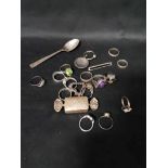 LOT OF SILVER AND OTHER DRESS RINGS also brooches etc