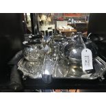 LOT OF SILVER PLATE including a three piece tea service,