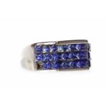 BLUE DIAMOND DRESS RING with pave set princess cut blue diamonds, unmarked, size O, 11.