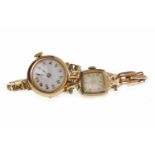 TWO LADY'S NINE CARAT GOLD MANUAL WIND WRIST WATCHES comprising a Record example with rounded