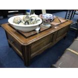 FRENCH "SEVIGNE" COFFEE TABLE the top inset with marble panels with end drawer and secret