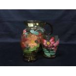 HANDPAINTED GLASS JUG WITH 5 DRINKING GLASSES