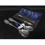 SILVER MOUNTED BUTTON HOOK AND SHOE HORN IN CASE along with a silver plated serving set