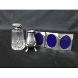 TWO SILVER NAPKIN RINGS along with a silver topped condiment jar and other silver plated ware