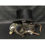 VINTAGE TOP HAT along with a pair of field glasses and a gas mask (3)