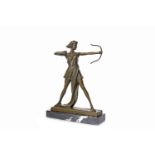 BRONZE FIGURE OF DIANA THE HUNTRESS AFTER PIERRE LE FAGUAYS modelled with bow drawn,