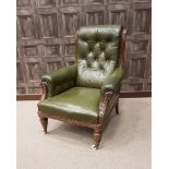 VICTORIAN MAHOGANY SCROLL BACK LIBRARY ARM CHAIR upholstered button back,
