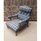 VICTORIAN STAINED BEECH OPEN ARM CHAIR OF HOWARD DESIGN the upholstered buttoned back,