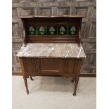 LATE VICTORIAN MAHOGANY MARBLE TOP WASHSTAND the raised back inset five Art Nouveau style tiles,