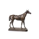 PAIR OF LATE 19TH CENTURY SPELTER FIGURES OF RACEHORSES one base with engraved plaquette relating